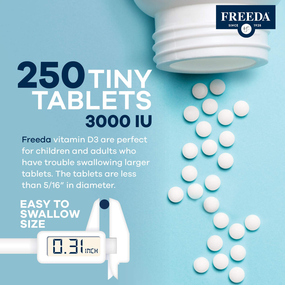 Freeda Vitamin D3 bottle being poured into a glass for simple daily use.