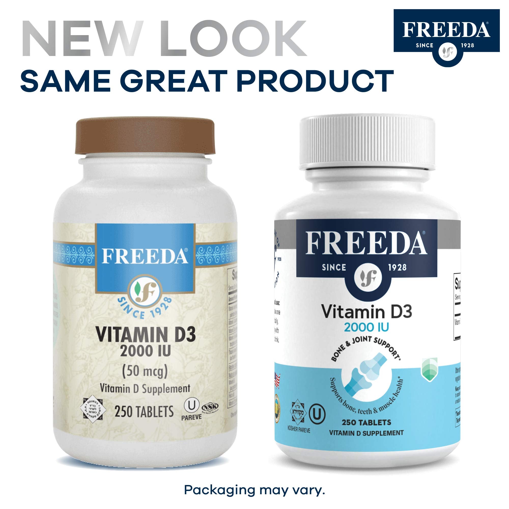 Freeda vitamin d3 bottle back label shows dosage and serving information.