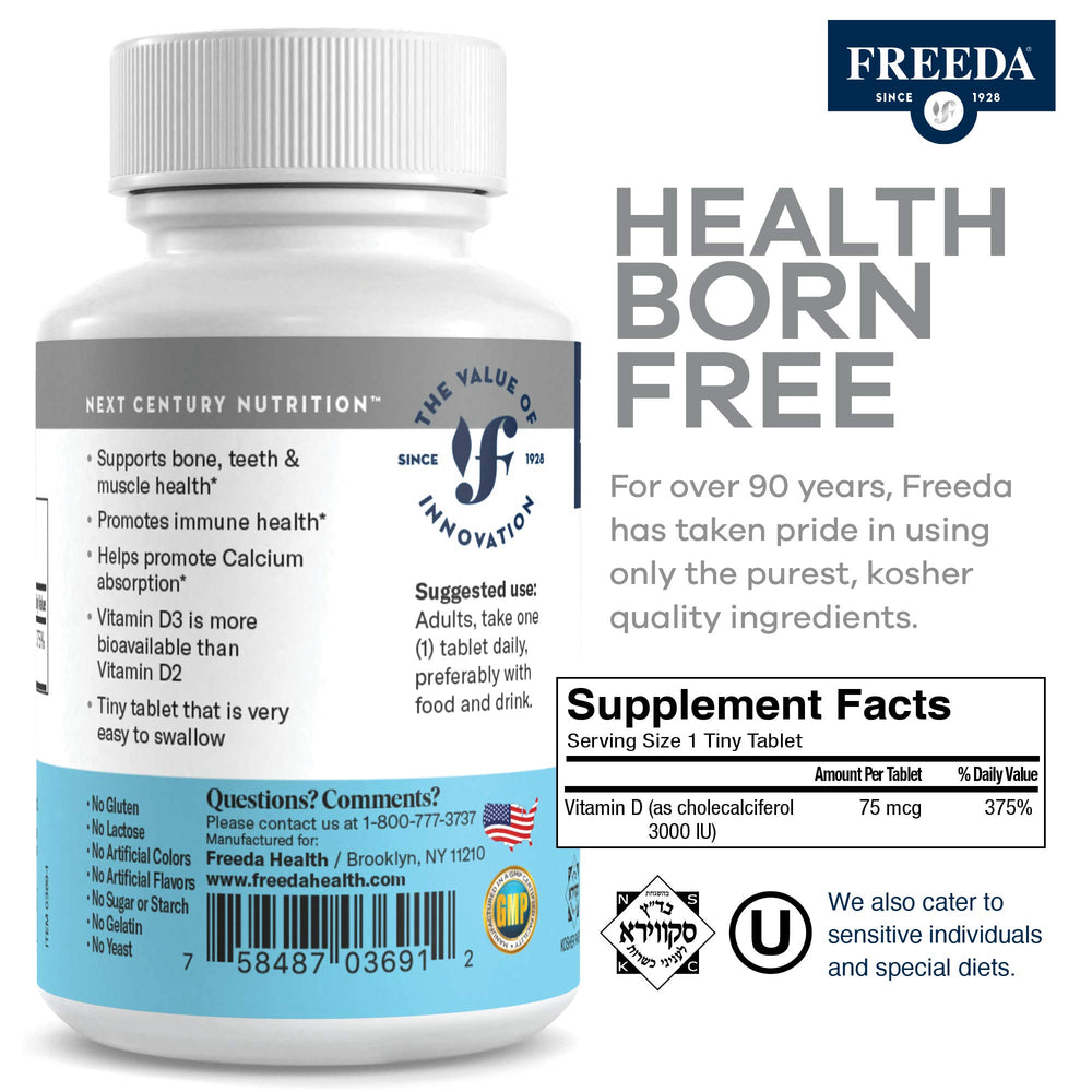 Freeda Vitamin D3 3000 IU label highlights quality and USA-made assurance.
