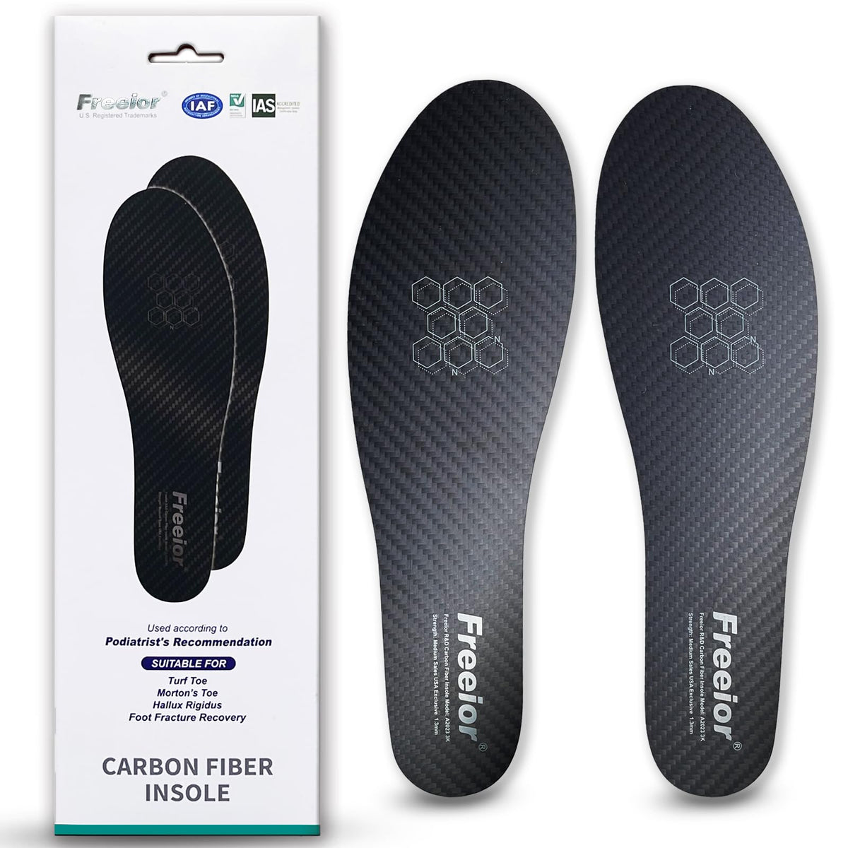 Freeior carbon fiber insole top view shows ultra-thin profile for discreet fit.