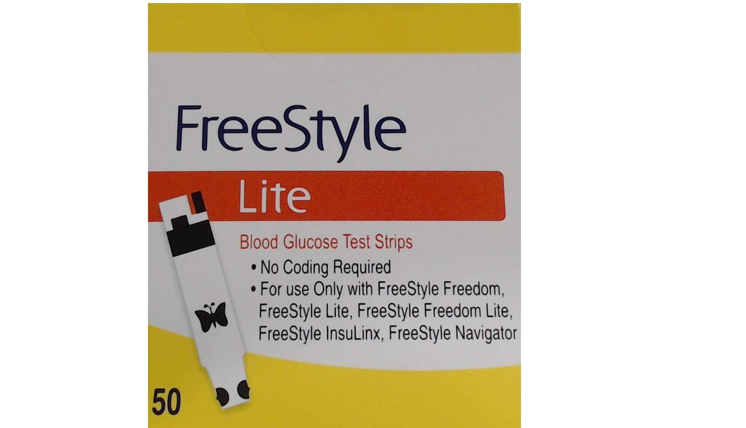 Freestyle Lite blood glucose test strips pack shot in red-yellow color coding for easy monitoring
