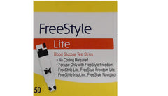 Freestyle Lite blood glucose test strips pack shot in red-yellow color coding for easy monitoring