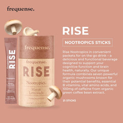 Frequense Rise ingredients featuring seven mushrooms and B vitamins for brain support