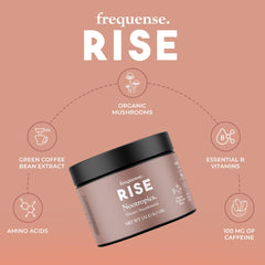 Close-up of FREQUENSE Rise label in mango lemonade flavor