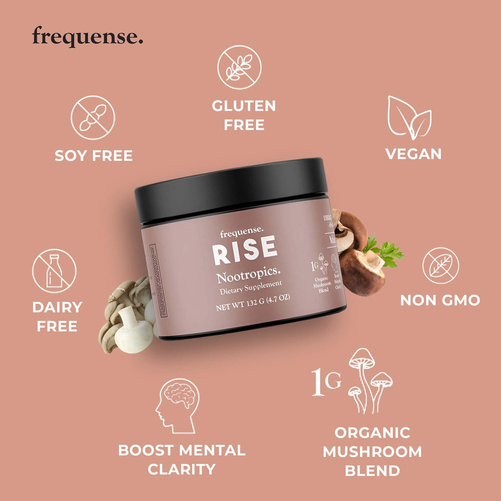 Serving scoop beside FREQUENSE Rise powder for daily focus