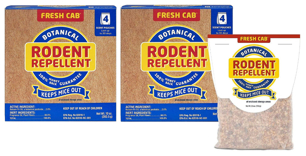 Fresh Cab rodent repellent box with eight pouches ready to protect storage spaces.