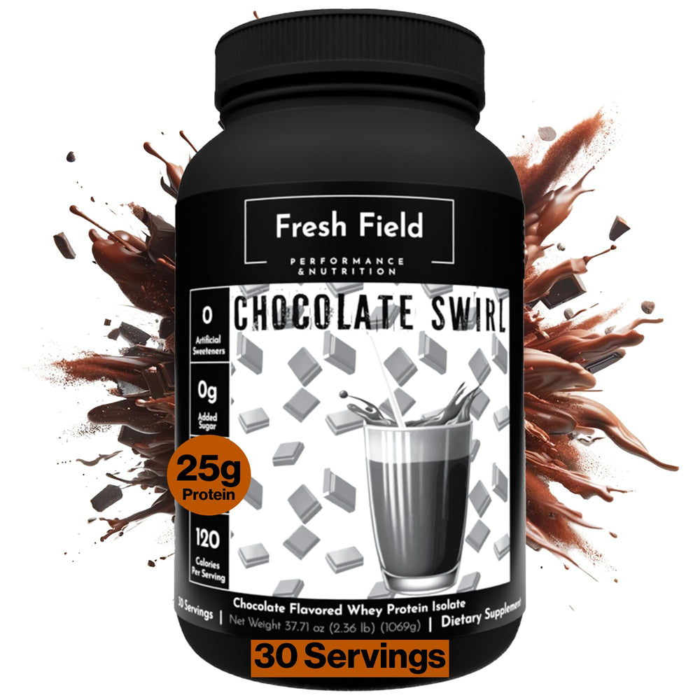 Fresh Field chocolate protein powder bottle pouring for a high-protein shake.