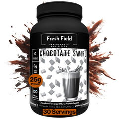 Fresh Field chocolate protein powder bottle pouring for a high-protein shake.