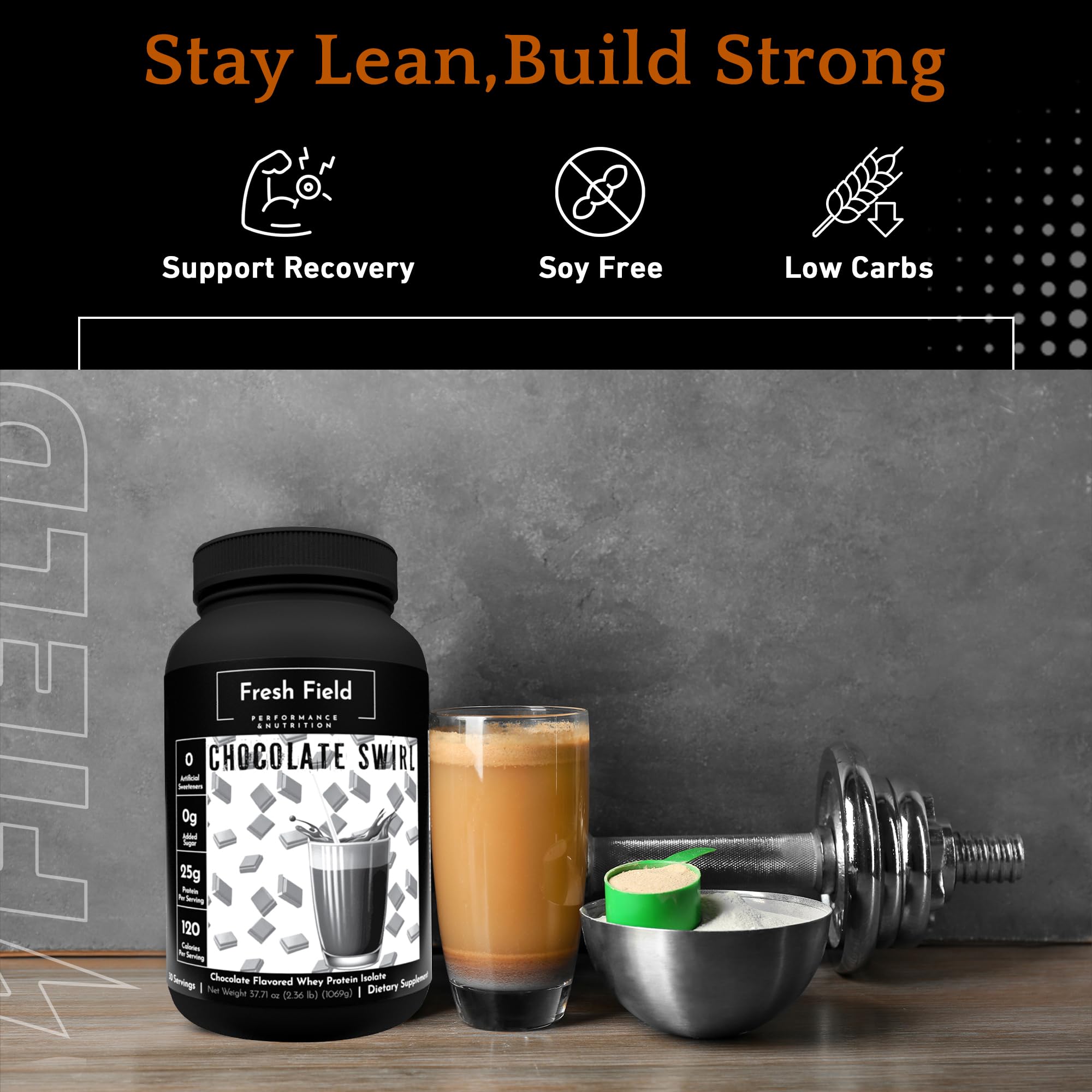 Fresh Field chocolate protein powder with natural ingredients supports gluten-free meals.