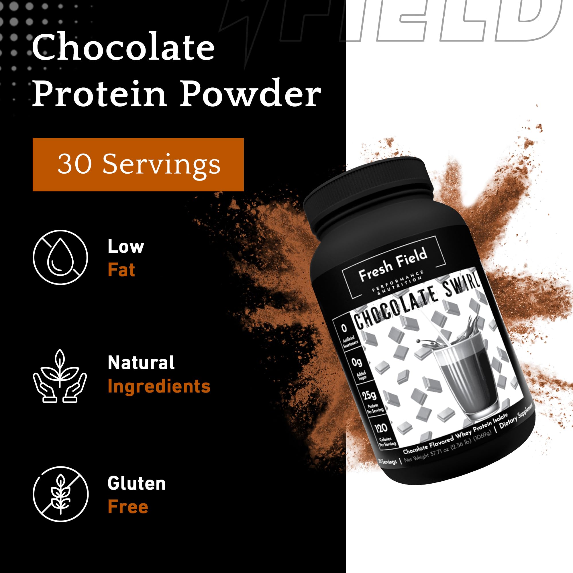 Fresh Field chocolate protein powder scoop ready to blend into smoothies.