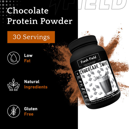 Fresh Field chocolate protein powder scoop ready to blend into smoothies.