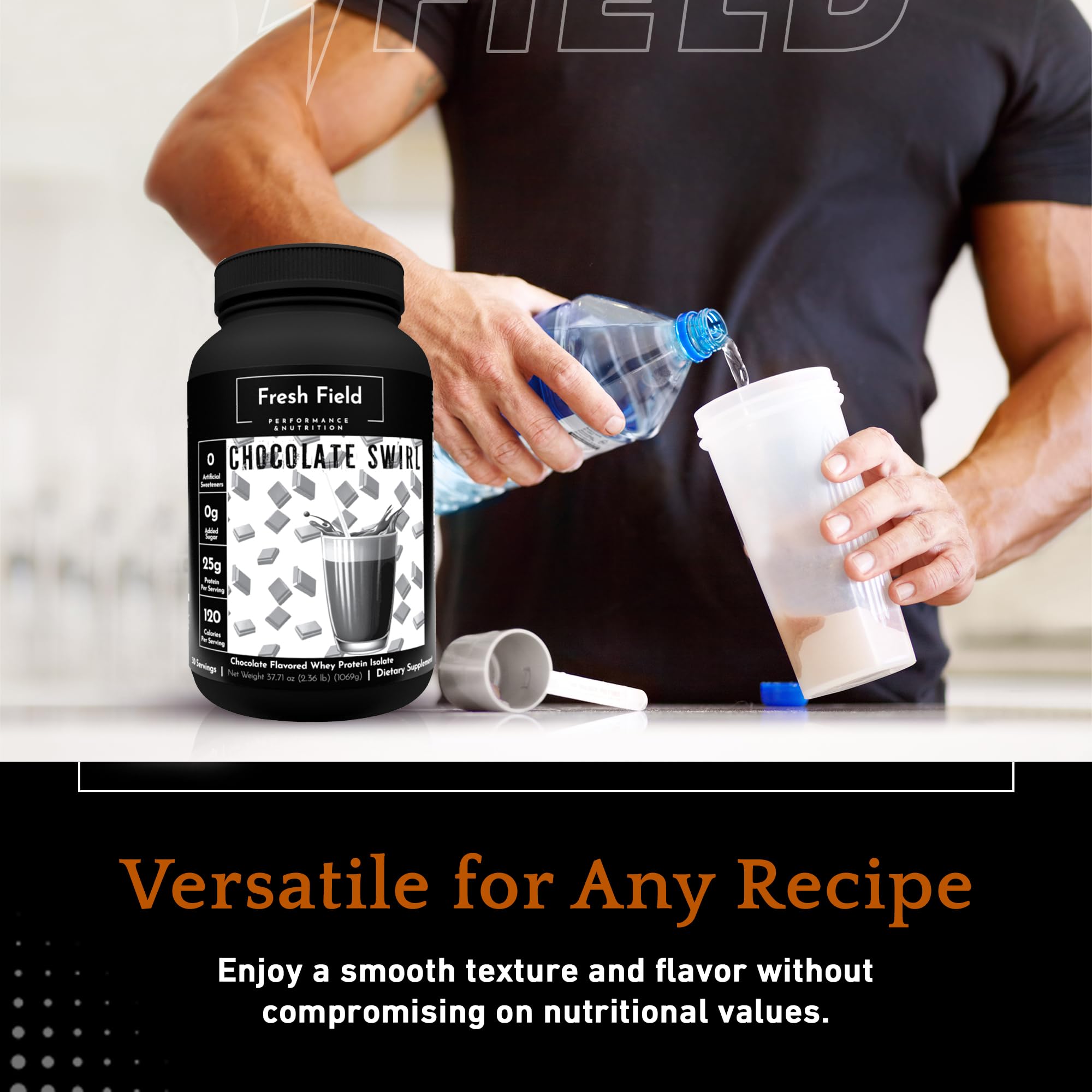 Fresh Field whey isolate product badge signals third-party testing.