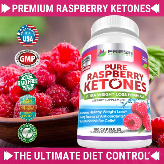 FRESH HEALTHCARE Raspberry Ketones capsules close-up highlighting 1000mg serving size