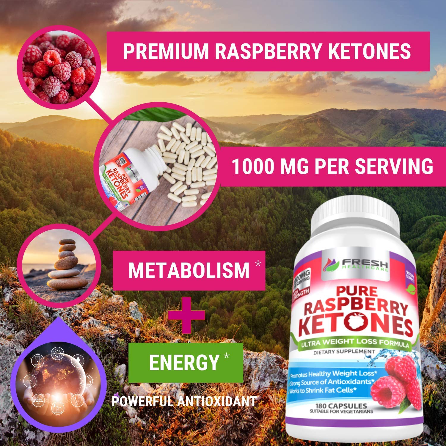 FRESH HEALTHCARE Raspberry Ketones ingredients label detail indicate premium purity