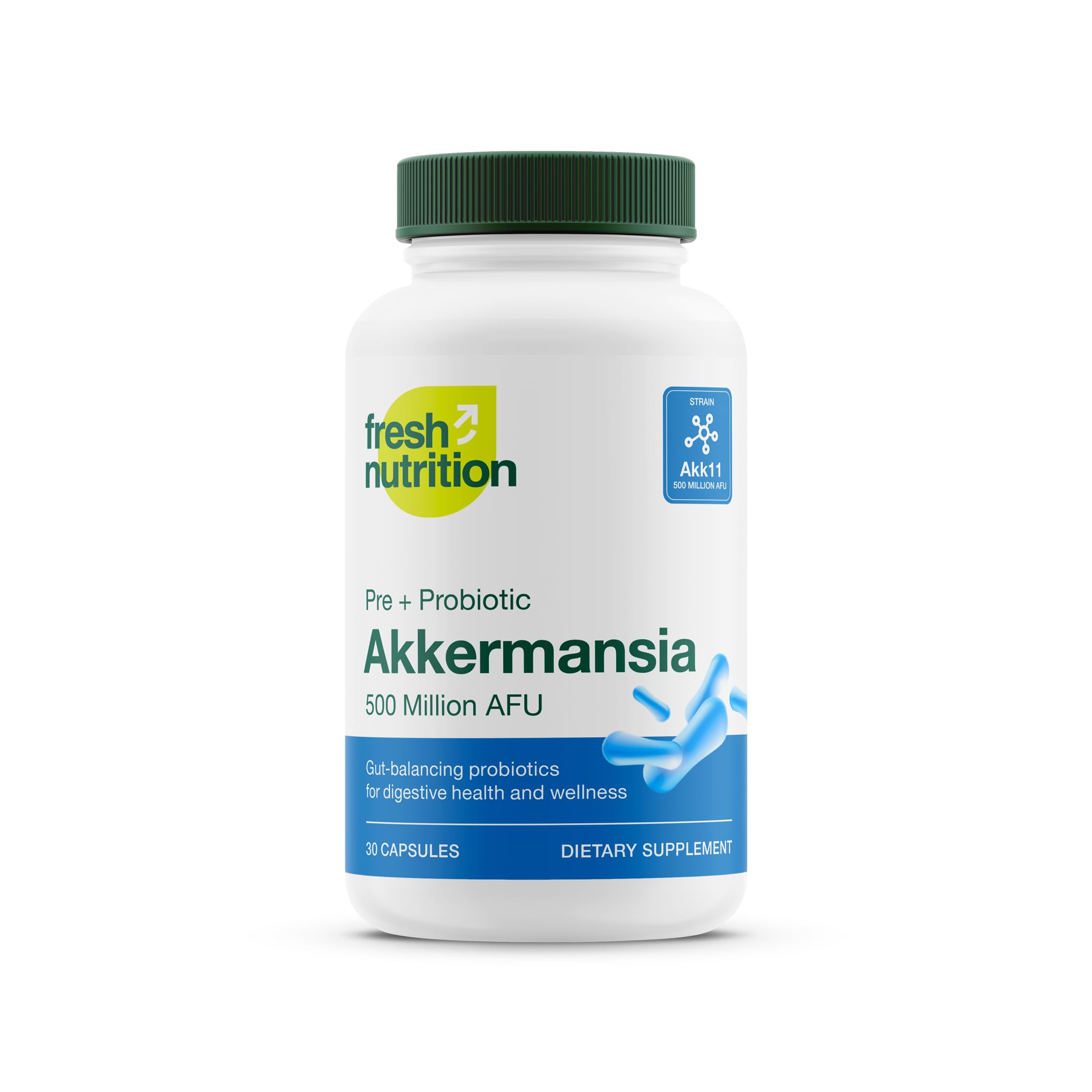 Fresh Nutrition Akkermansia muciniphila capsules bottle highlighting gut support