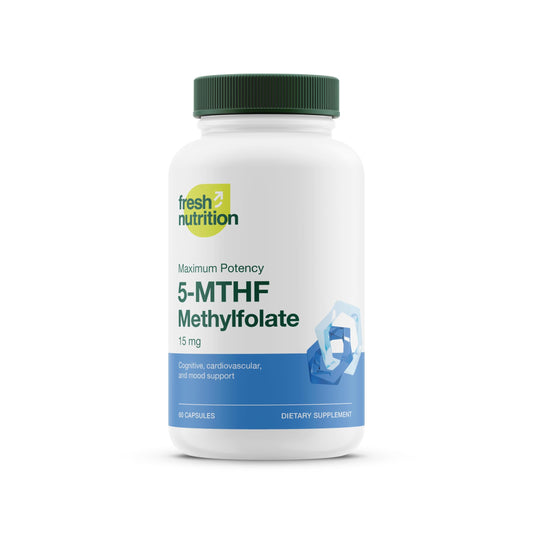Fresh Nutrition L-Methylfolate 15mg bottle front supports daily mood and focus.