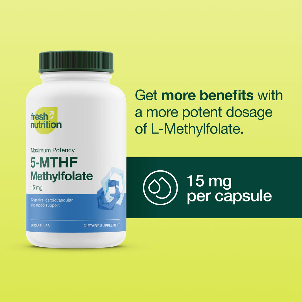 Fresh Nutrition L-Methylfolate label closeup shows 15 mg potency.