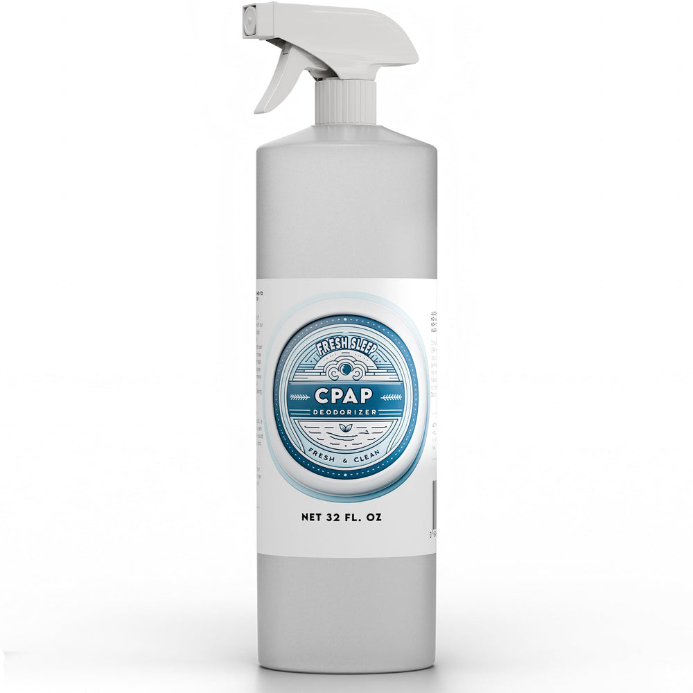 Fresh Sleep CPAP Equipment Cleanser bottle pour demonstrates easy daily deodorizing for mask, hose, and reservoir