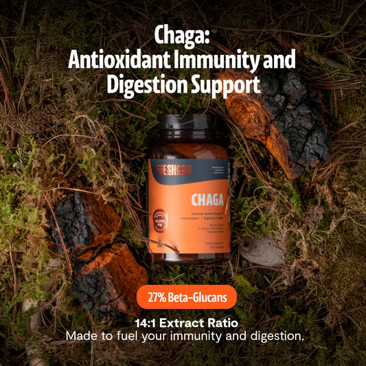 FreshCap Chaga capsules bottle back label, shows organic, dual-extracted formula.