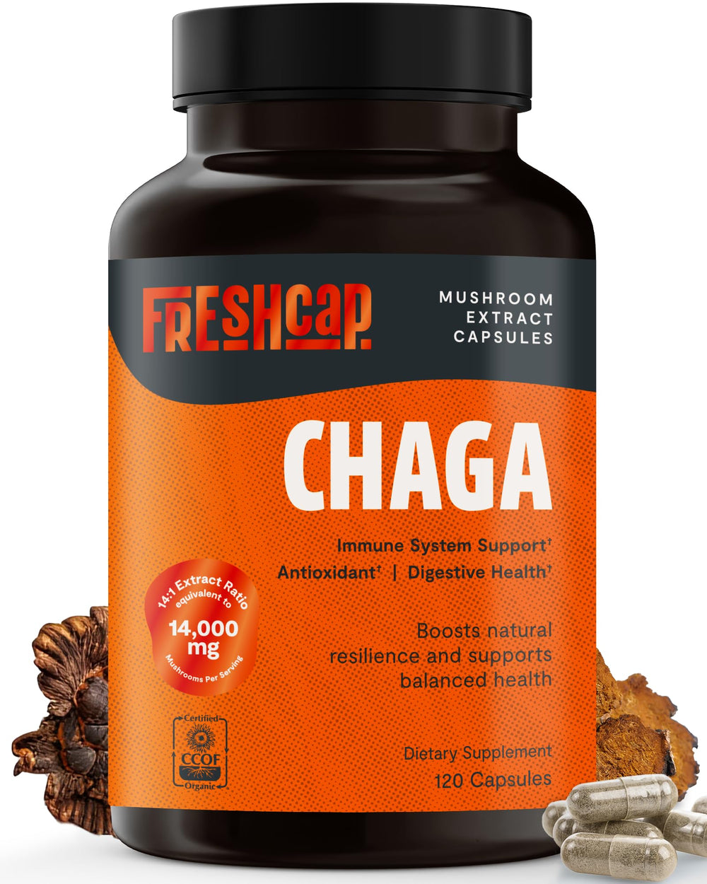 FreshCap Chaga capsules bottle front, convenient daily immune support option.