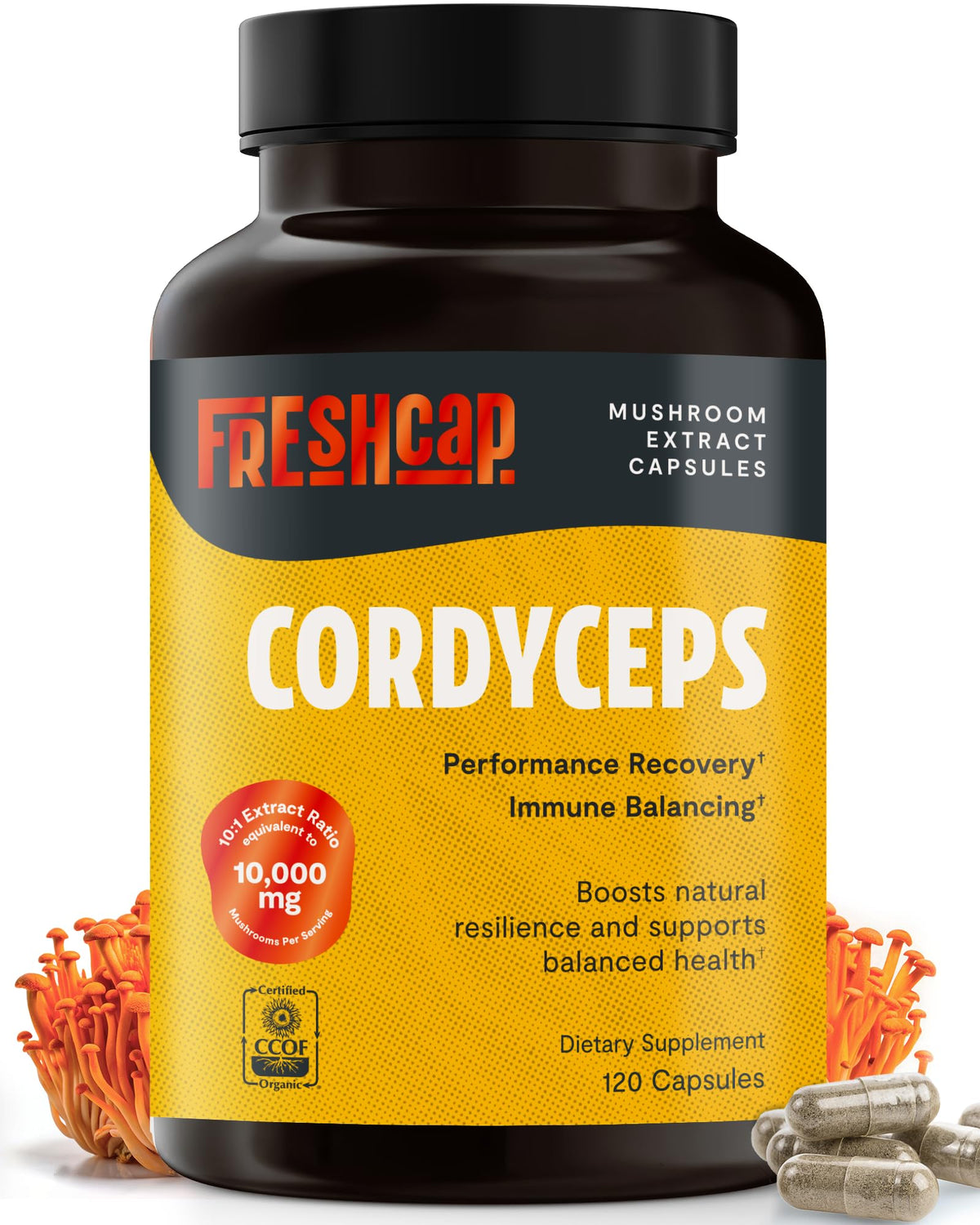 FreshCap Mushrooms Cordyceps capsules bottle highlights natural energy support