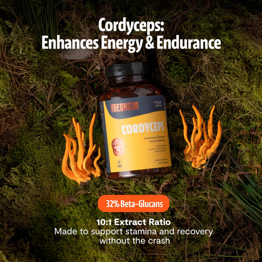 FreshCap Cordyceps capsules label showcases 10,000 mg potency per serving
