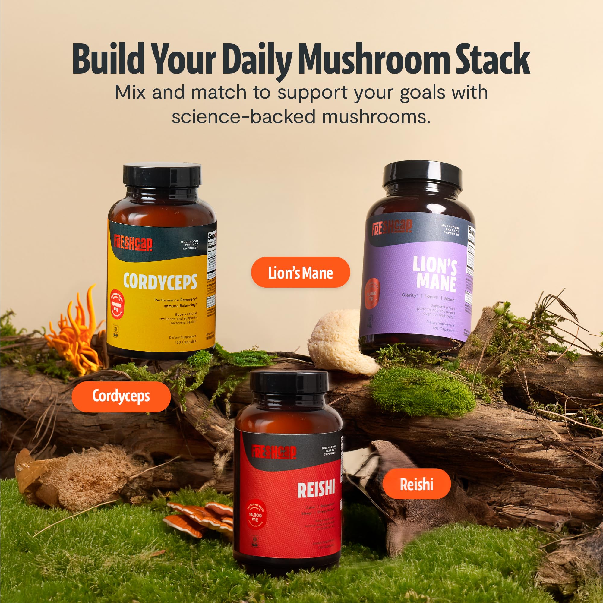 FreshCap Cordyceps bottle with secure seal emphasizes quality control