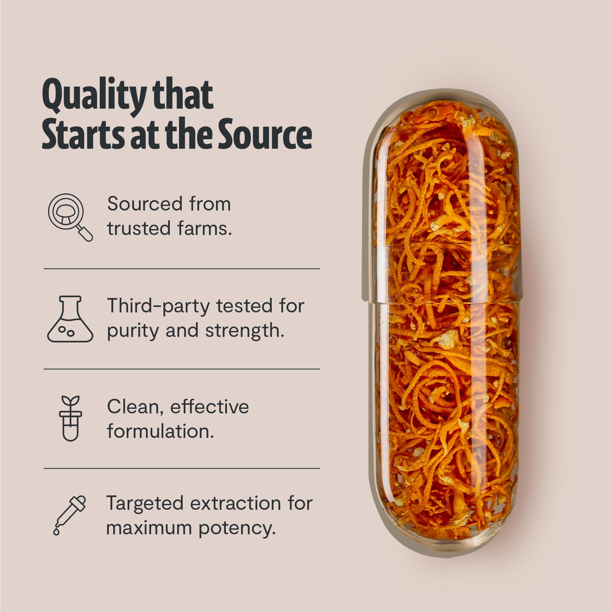 FreshCap Cordyceps capsules display vegan and gluten-free icons