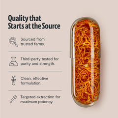 FreshCap Cordyceps capsules display vegan and gluten-free icons