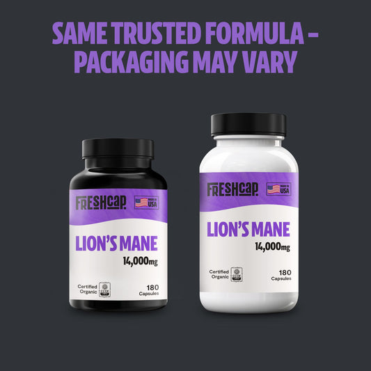 FreshCap Lions Mane capsules on a clean surface for daily focus.