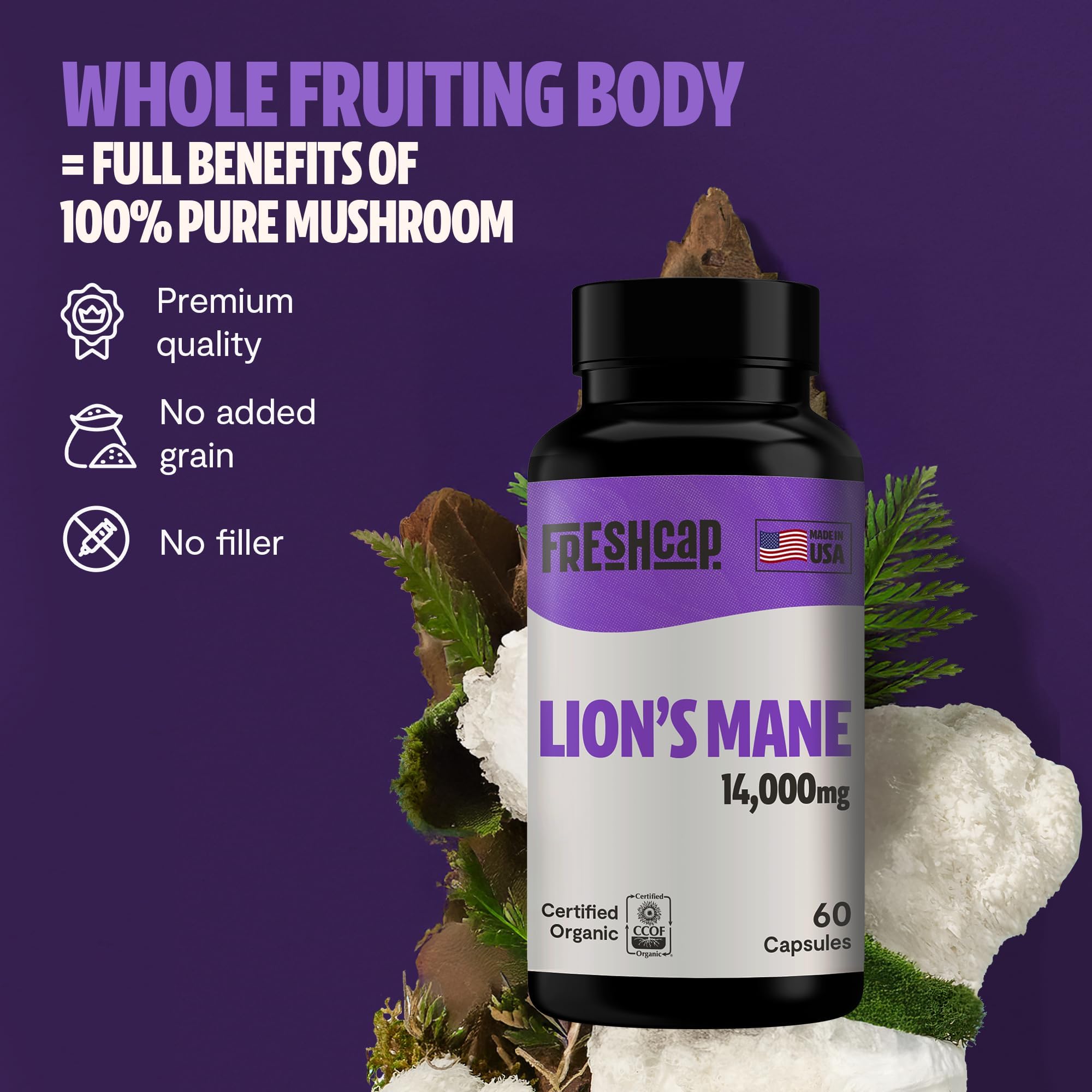FreshCap Lions Mane packaging highlighting organic, non-GMO quality.