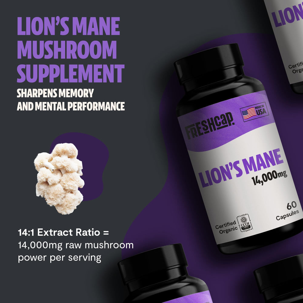 Close-up of FreshCap Lions Mane serving count for routine use.
