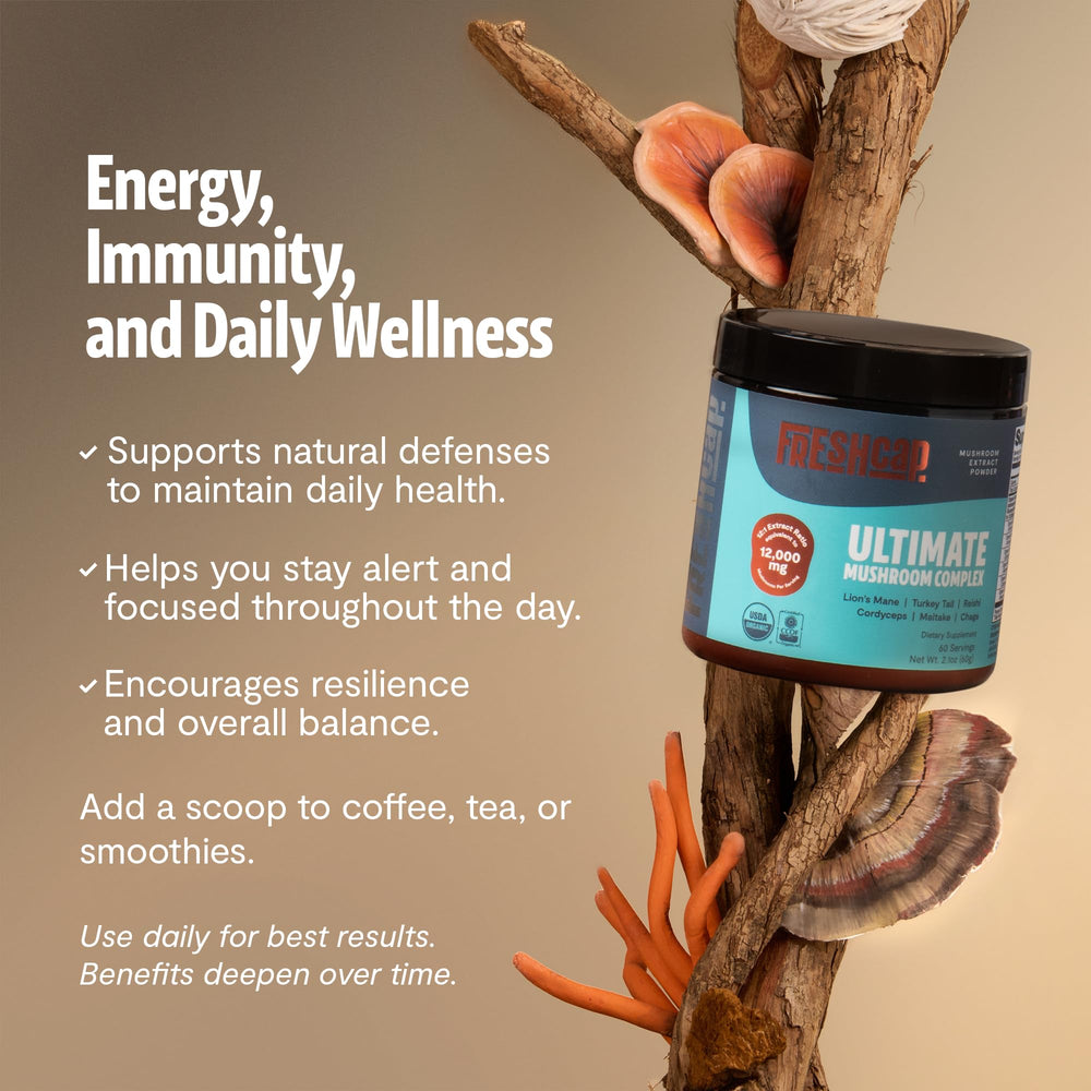 FreshCap Mushrooms organic certification stamp on bottle ensures purity and organic sourcing