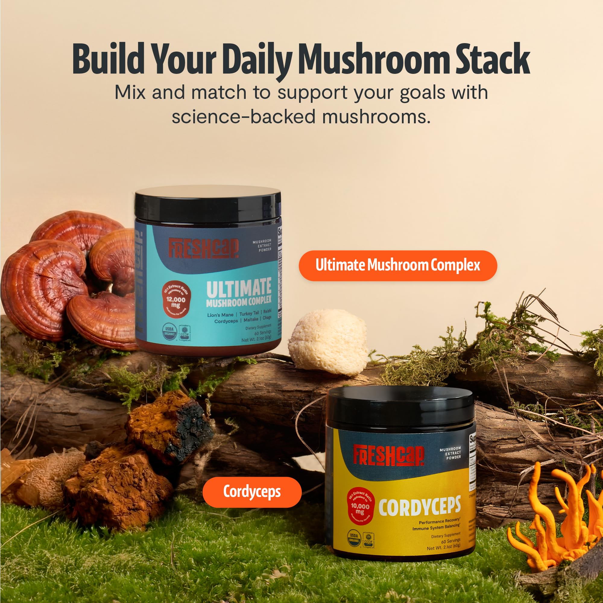 FreshCap Mushrooms packaging and ingredients list highlights the six-mushroom blend
