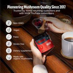 FreshCap Mushrooms Reishi powder bottle displays 60 servings.