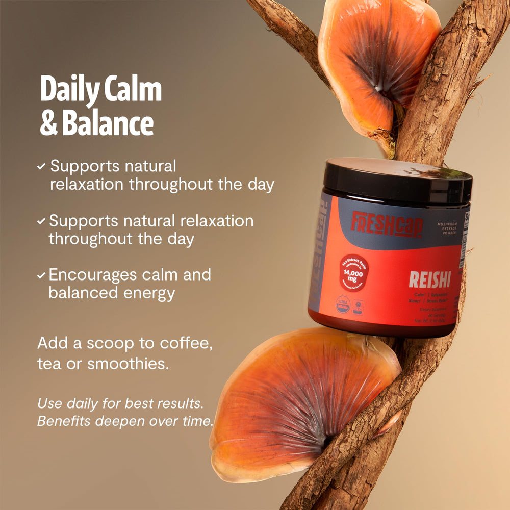 FreshCap Mushrooms Reishi powder mixed in coffee for gentle energy.