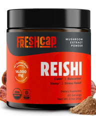 FreshCap Mushrooms Reishi powder container closeup highlighting organic dual-extraction for balance.
