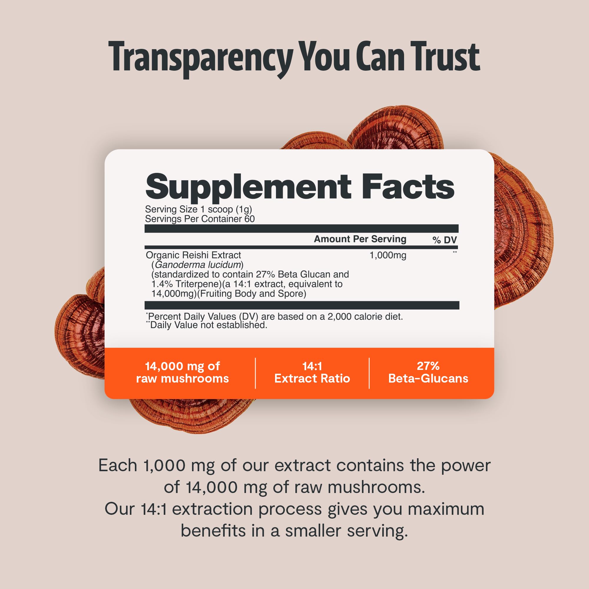 FreshCap Mushrooms Reishi powder label showing organic certification and purity.