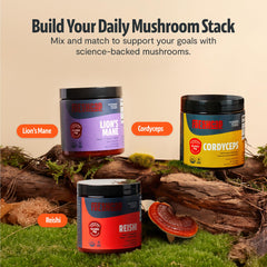 FreshCap Mushrooms Reishi powder in morning routine setup.
