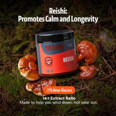 FreshCap Mushrooms Reishi powder scoop in jar, convenient daily serving.