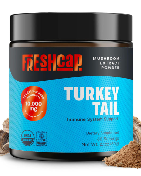 FreshCap Mushrooms Turkey Tail Powder bottle displaying 10,000mg per serving for immune support.