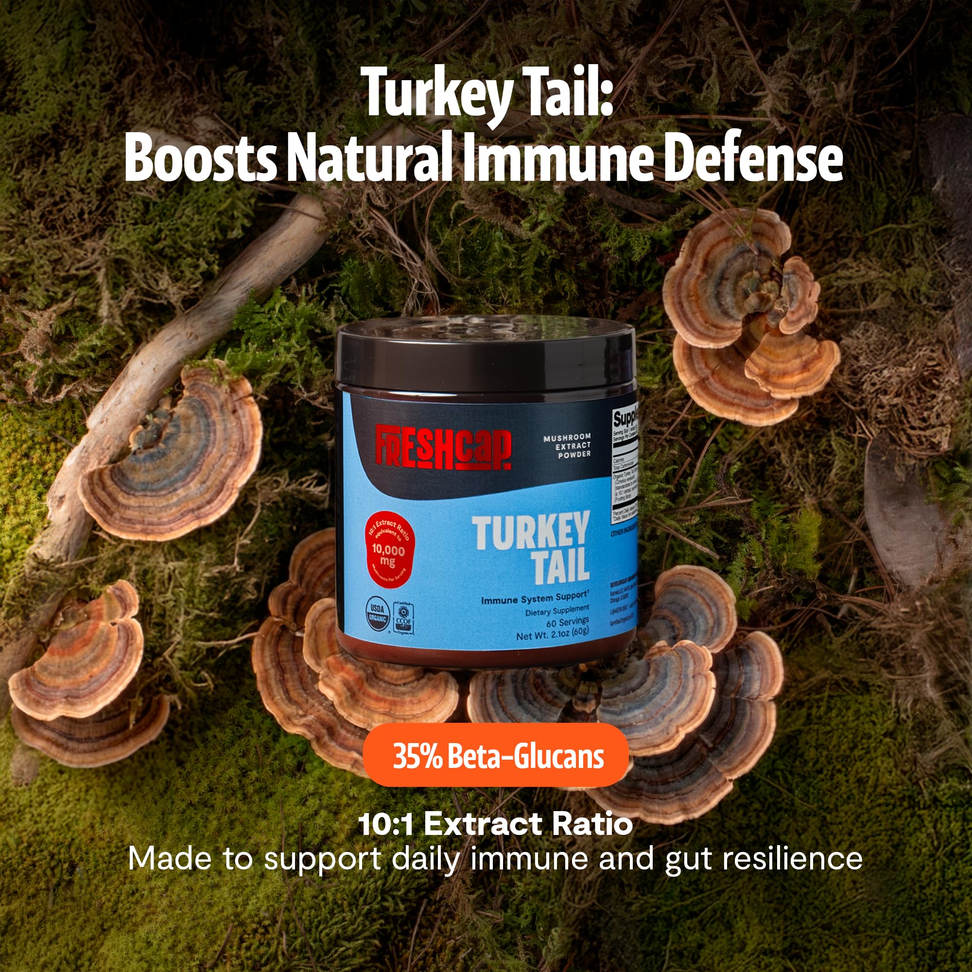 FreshCap Mushrooms Turkey Tail Powder label close-up showing organic certification.