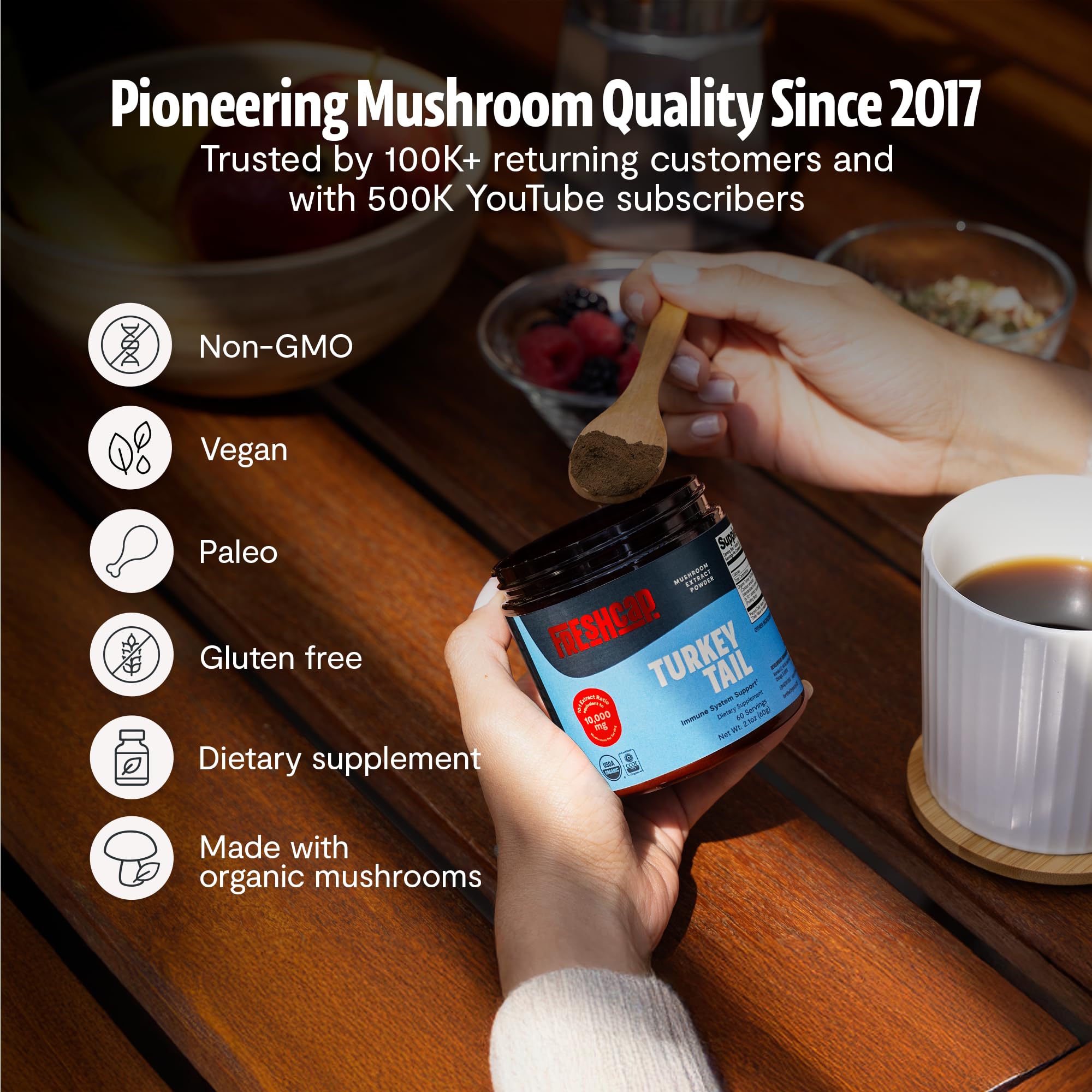 FreshCap Mushrooms Turkey Tail Powder stirred into a smoothie for daily wellness.
