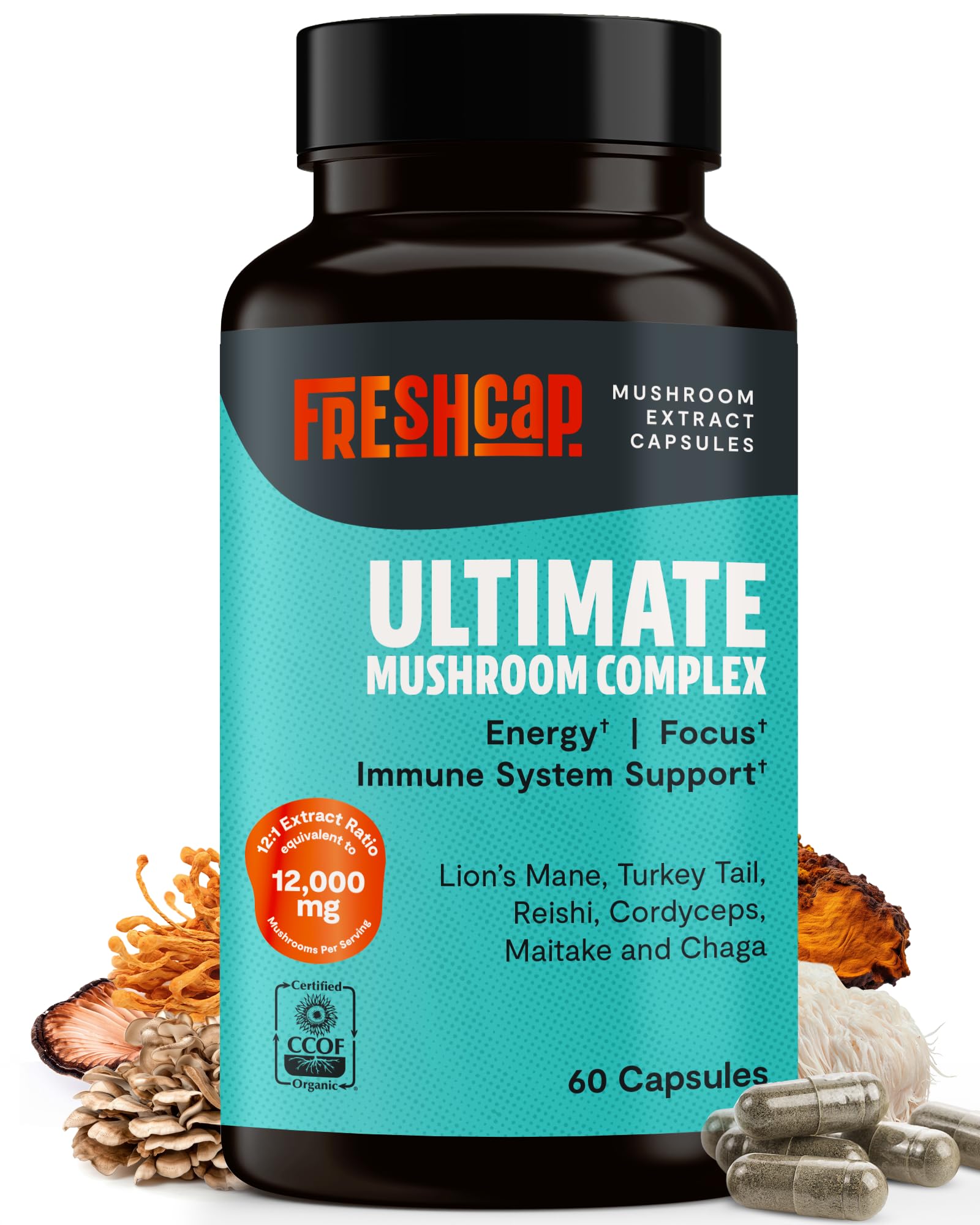 FreshCap Mushrooms Ultimate bottle front showing organic nootropic blend for daily energy.