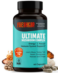FreshCap Mushrooms Ultimate bottle front showing organic nootropic blend for daily energy.