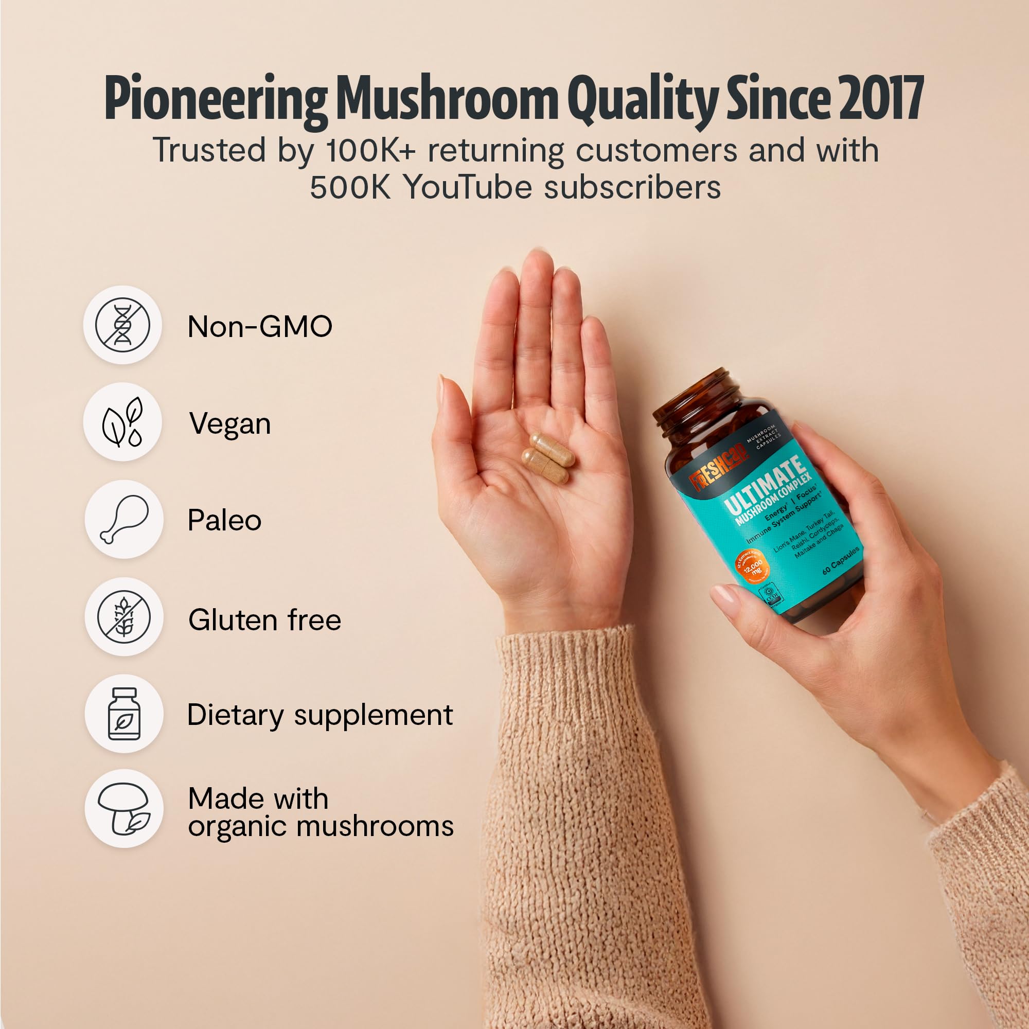 Serving size illustration for FreshCap Mushrooms Ultimate two capsules per day.