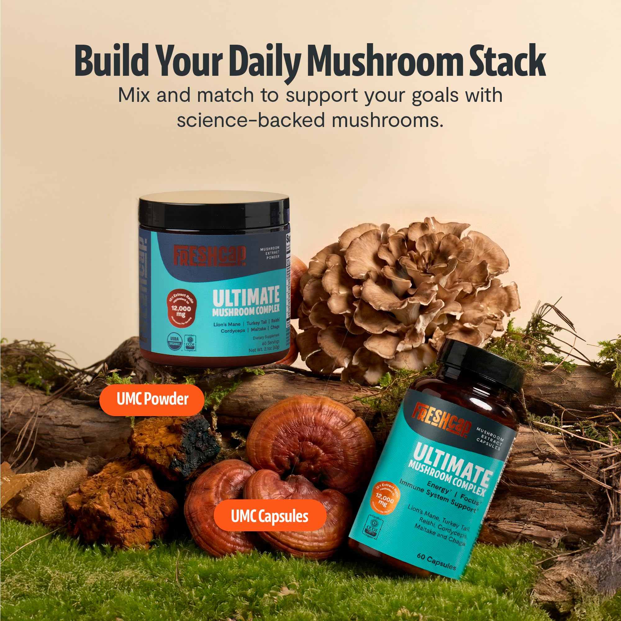 Textured capsules of FreshCap Mushrooms Ultimate emphasizing quality and consistency.