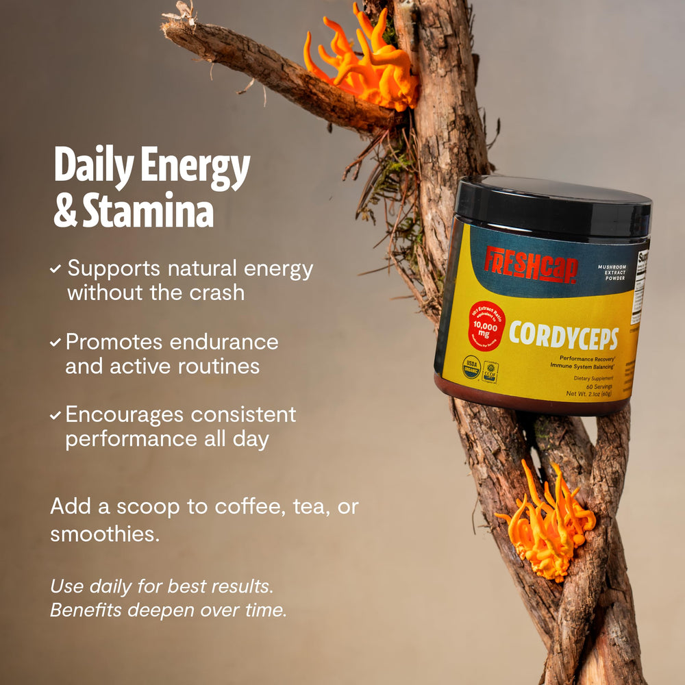 FreshCap Organic certification label on Cordyceps powder.