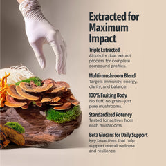 FreshCap six-mushroom complex visual emphasizing synergy for daily vitality.