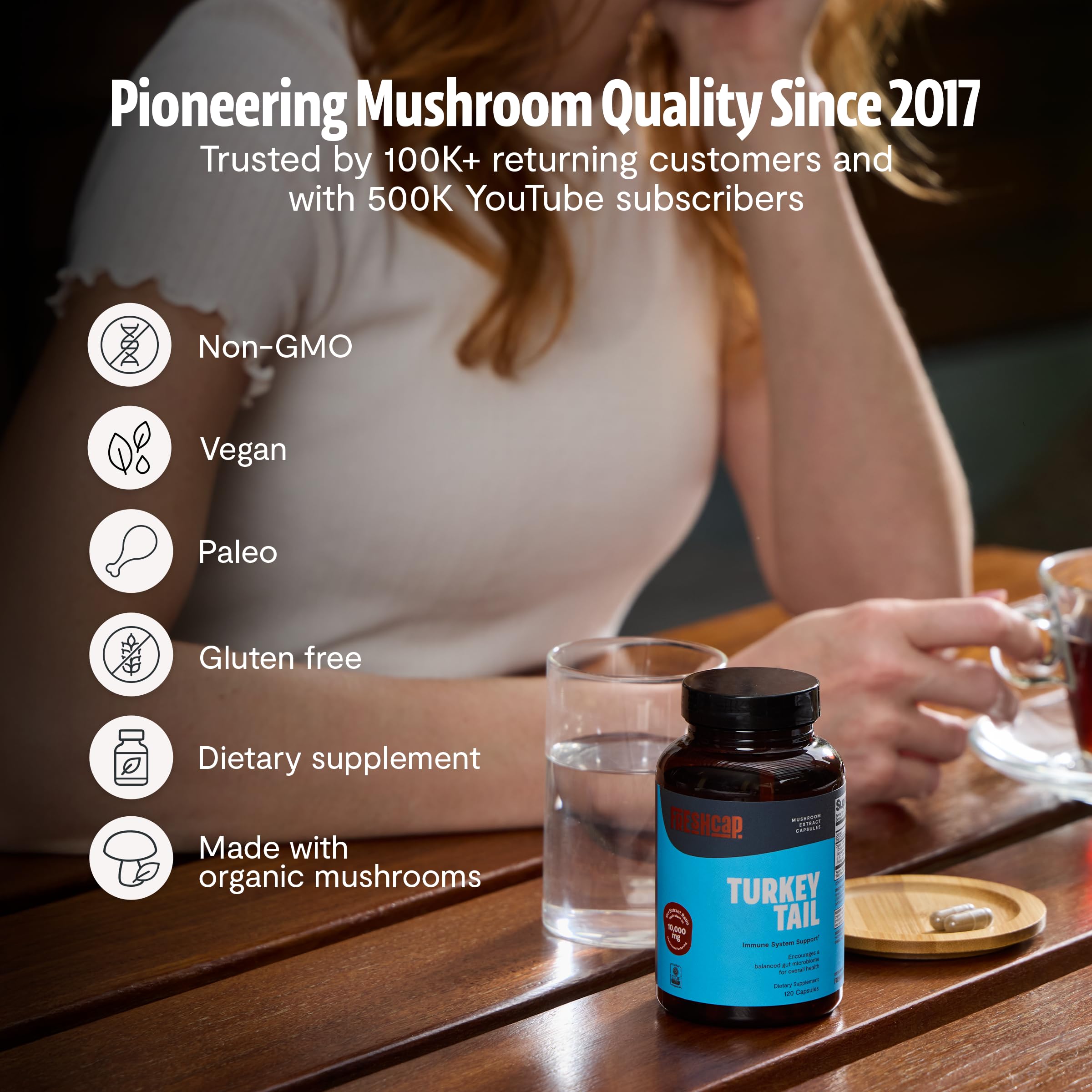 FreshCap Turkey Tail bottle back label with dosage details